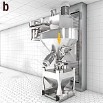 El mezclador cónico amixon® vacía el polvo mezclado en un recipiente.