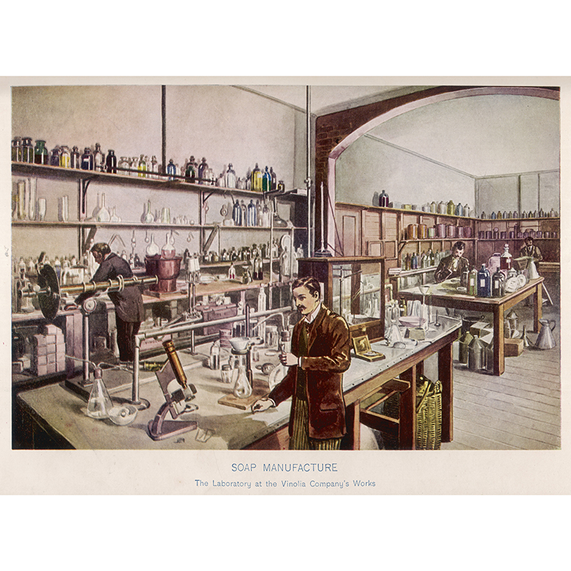 Historical print from the 19th century: development and production of soaps.