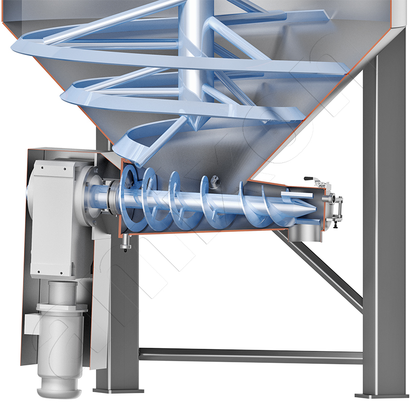 The lower part of a 20 m³ amixon® paste bunker. The metered discharge of plastic mixes takes place via a conical discharge screw.