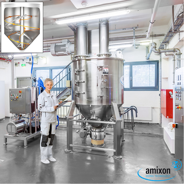 amixon® Konusmischer AM 2000 und links eine Washing-in-Place-Anlage. amixon® Konusmischer AM 2000 und links eine Washing-in-Place-Anlage.