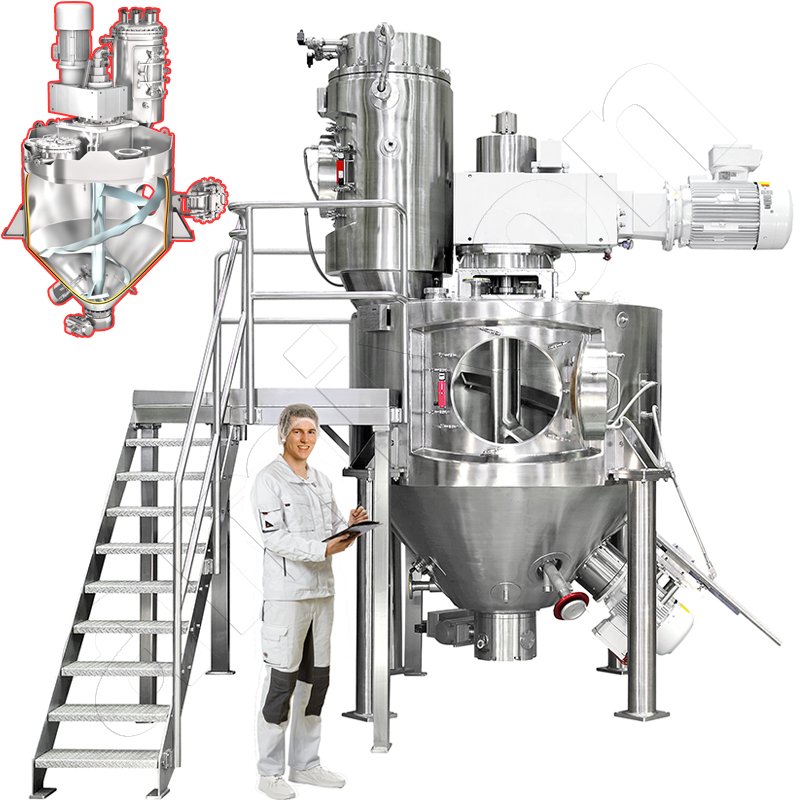 Réacteur de synthèse amixon® / mélangeur-sécheur sous vide. Chambre de mélange conique-cylindrique.