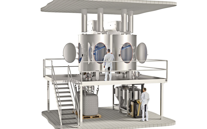 Il miscelatore bialbero amixon® omogeneizza lotti da 12 m³ in 6 minuti. La velocità periferica degli strumenti di miscelazione è di poco inferiore a 1 m/s. Lo scarico è rapido ed efficiente in 4 grandi sacchi o contenitori per rinfuse (cassoni intermedi per rinfuse), uno dopo l'altro o contemporaneamente.