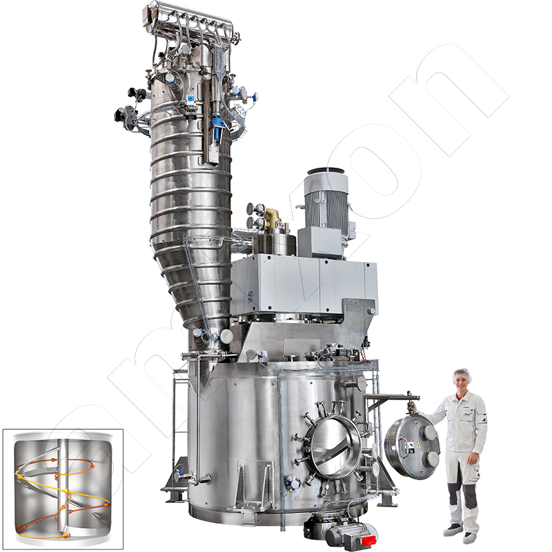 Il miscelatore/essiccatore sottovuoto/reattore sterile amixon® VMT 6000 per lotti da 6 m³ funziona a bassa velocità. In questo modo le particelle vengono conservate nel miglior modo possibile.