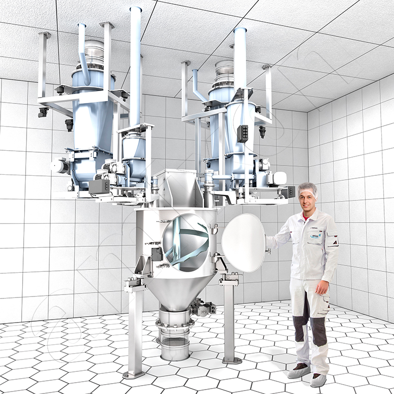 Конусный смеситель amixon® типа AMK смешивает 5 различных компонентов. Именно здесь вступает в игру непрерывный поток котла. Однако этот же смеситель можно использовать и для процессов периодического смешивания.