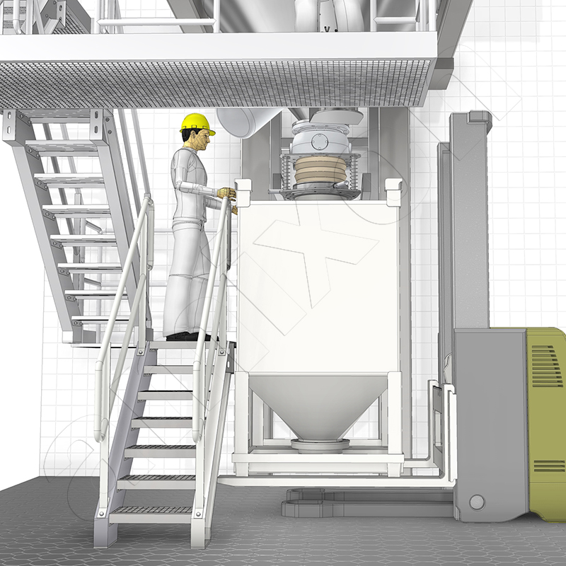 Intermediate bulk container (2 m³) with square cross-section below the conical mixer. Intermediate bulk container (2 m³) with square cross-section below the conical mixer.