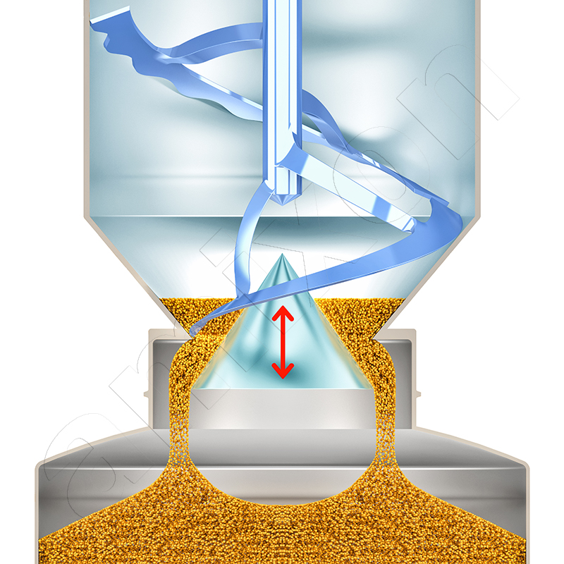 Le mélangeur KoneSlid® en phase de vidange. Le corps conique du plongeur se déplace vers le bas et libère la grande ouverture de vidange.