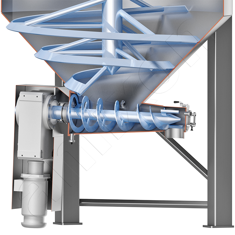 amixon® コニカルミキサー側面図：物質のレオロジー特性は時に複雑である。amixon©は高粘度製品用の吐出装置付き大型ミキサーを開発しました。
