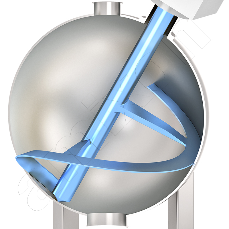 Questo miscelatore verticale sferico ha un asse di miscelazione inclinato di 30°. Esistono anche miscelatori a sfere con albero di miscelazione verticale.